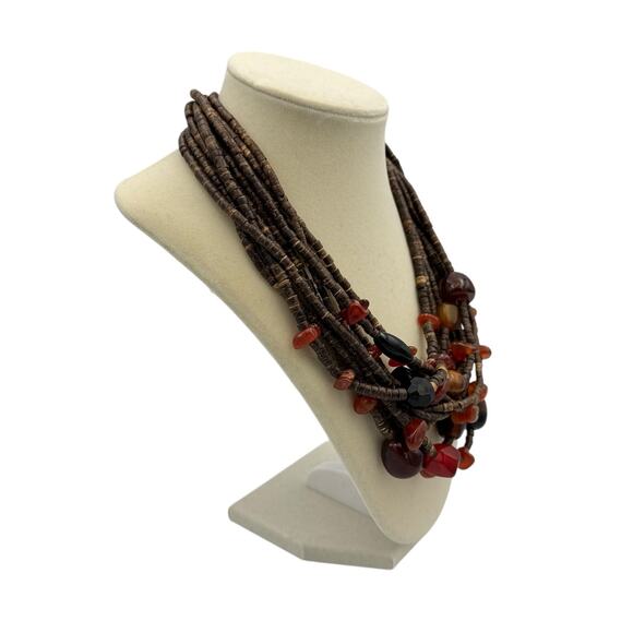 Chico’s Multi Strand Wood Bead Brown Red Stones Short Chunky Statement Necklace - Picture 4 of 8